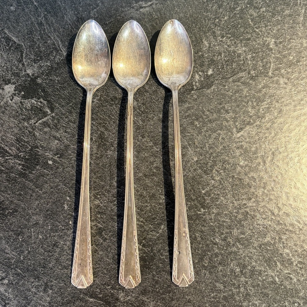 Antique Castle Silver Plate 7.75" Art‎ Deco Geometric Iced Tea Spoons 3 Pc